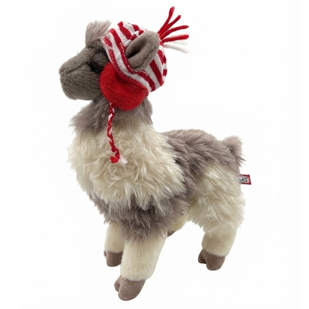 Douglas Cuddle Toys Llama Alpaca Plush Grey Cream Shaggy Fur Red Striped Hat NWT